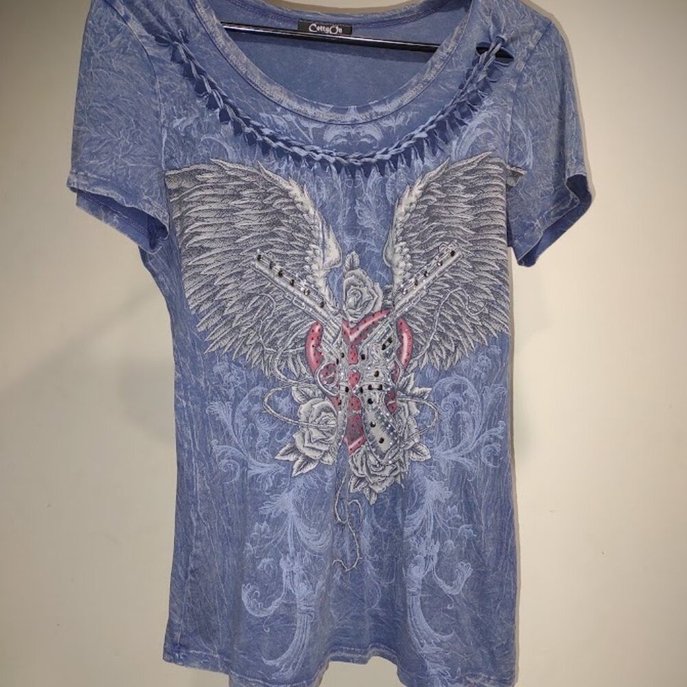COTTY ON VINTAGE TSHIRT DISTRESSED GUNS WINGS ROSES BLING RHINESTONES SIZE L